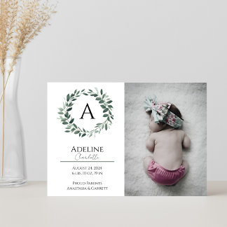 Wreath Monogram Baby Girl Birth Announcement Card