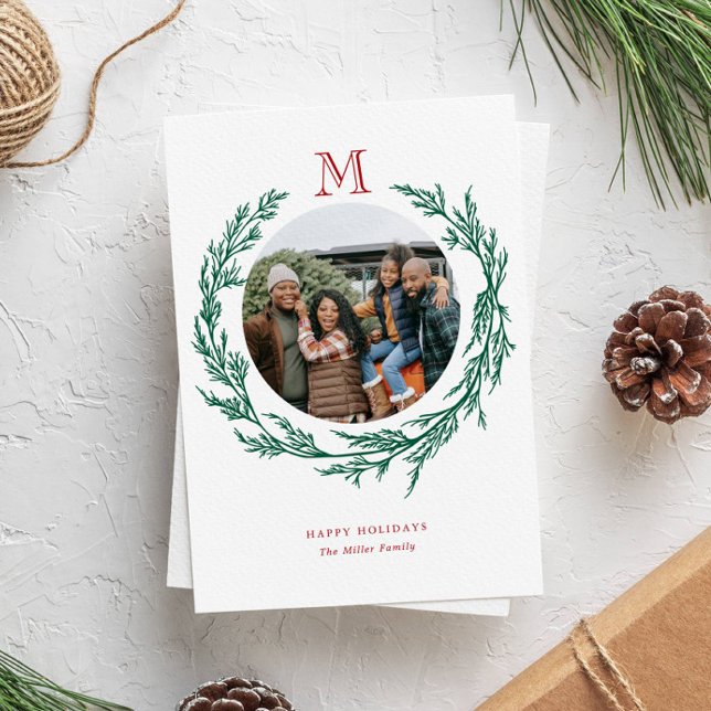 Wreath Monogram Photo Holiday Card (Creator Uploaded)