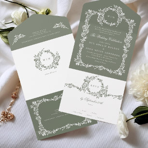 Wreath Monogram Sage Green Classic Frame Wedding All In One Invitation