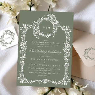 Wreath Monogram Sage Green Classic Frame Wedding Invitation