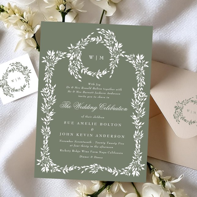 Wreath Monogram Sage Green Classic Frame Wedding Invitation (Creator Uploaded)
