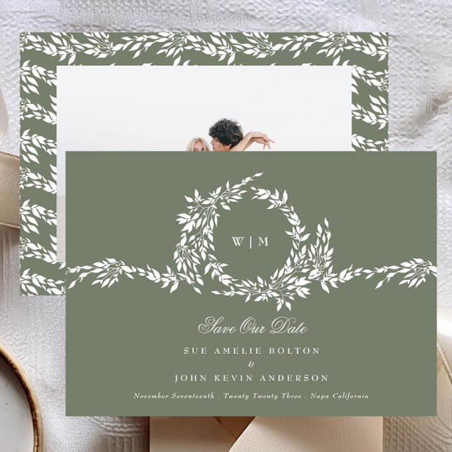 Wreath Monogram Sage Green Classic Photo Wedding Save The Date (Creator Uploaded)