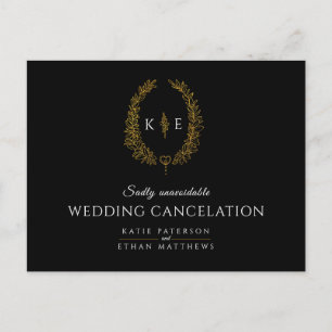 Wreath monogram wedding cancellation black gold announcement postcard