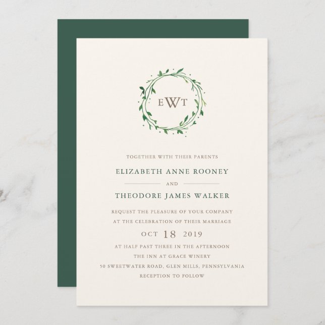 Wreath Monogram Wedding Invitation | Forest (Front/Back)