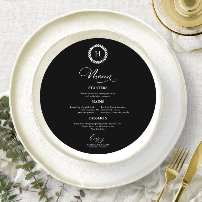Wreath Monogram Wedding Menu Cards Black (Creator Uploaded)
