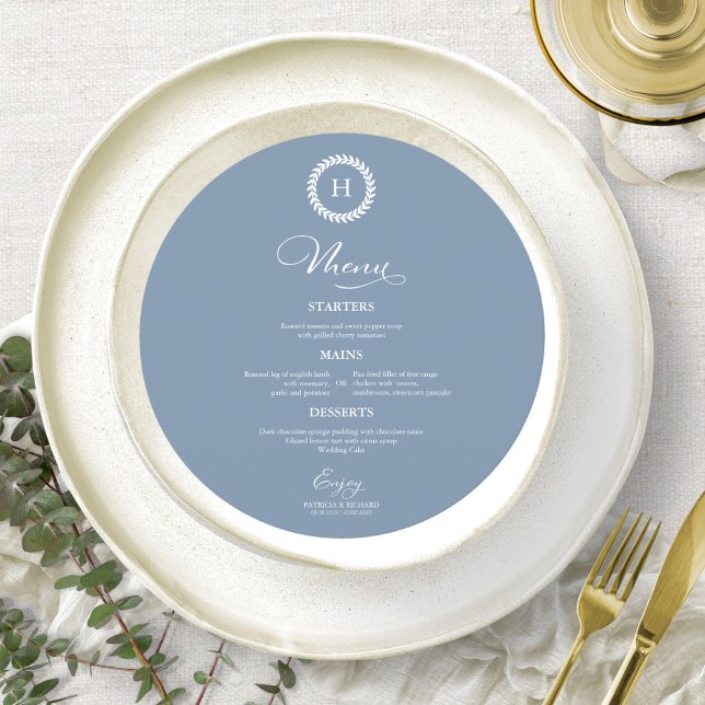 Wreath Monogram Wedding Menu Cards Dusty Blue (Creator Uploaded)