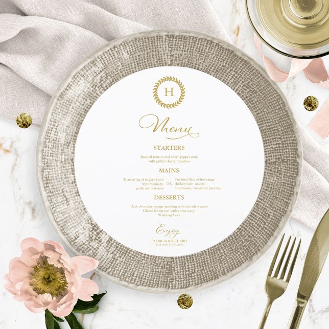 Wreath Monogram Wedding Menu Cards Gold (Creator Uploaded)