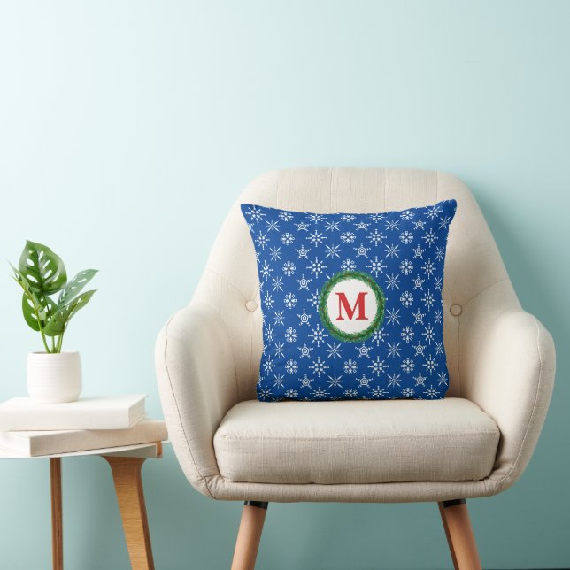 Wreath Monogram White Snowflakes Blue Background Cushion (Chair)