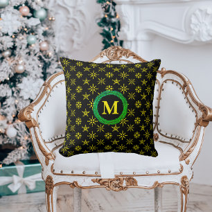 Wreath Monogram Yellow Snowflakes in Black Cushion