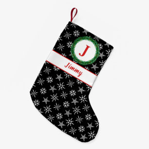 Wreath Monogram Your Name Black & White Snowflakes Small Christmas Stocking
