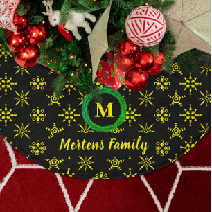 Wreath Monogram Your Name Black Yellow Snowflakes Brushed Polyester Tree Skirt