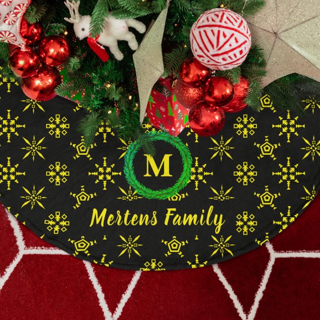 Wreath Monogram Your Name Black Yellow Snowflakes Brushed Polyester Tree Skirt (Wreath Monogram Your Name Black Yellow Snowflakes Brushed Polyester Tree Skirt)