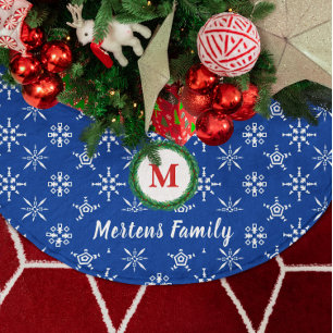 Wreath Monogram Your Name Blue & White Snowflakes Brushed Polyester Tree Skirt
