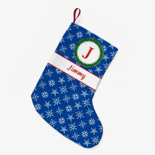 Wreath Monogram Your Name Blue & White Snowflakes Small Christmas Stocking