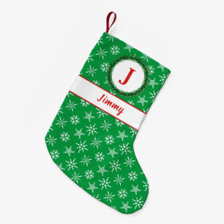 Wreath Monogram Your Name Green & White Snowflakes Small Christmas Stocking