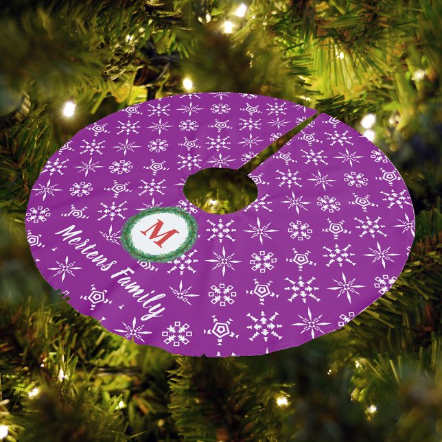 Wreath Monogram Your Name Purple White Snowflakes Brushed Polyester Tree Skirt (Wreath Monogram Your Name Purple White Snowflakes Brushed Polyester Tree Skirt)