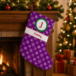 Wreath Monogram Your Name Purple White Snowflakes Small Christmas Stocking
