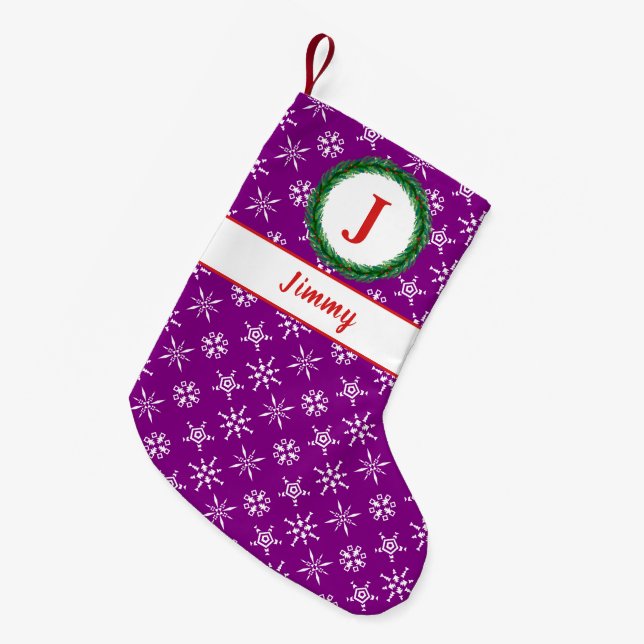 Wreath Monogram Your Name Purple White Snowflakes Small Christmas Stocking (Front (Hanging))