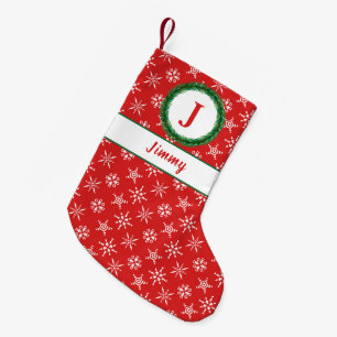 Wreath Monogram Your Name Red & White Snowflakes Small Christmas Stocking
