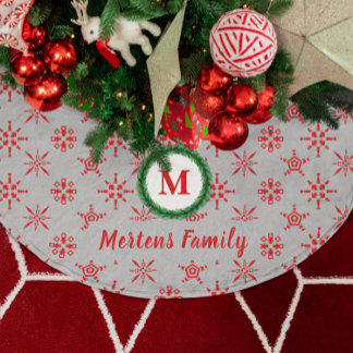 Wreath Monogram Your Name Silver & Red Snowflakes Brushed Polyester Tree Skirt