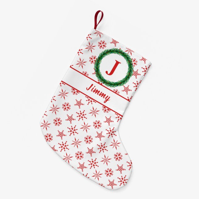Wreath Monogram Your Name White & Red Snowflakes Small Christmas Stocking (Front (Hanging))