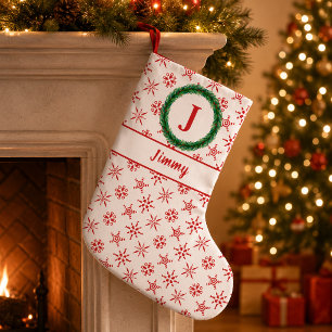 Wreath Monogram Your Name White & Red Snowflakes Small Christmas Stocking