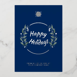 Wreath Navy Blue Business Holiday Silver Foil Card