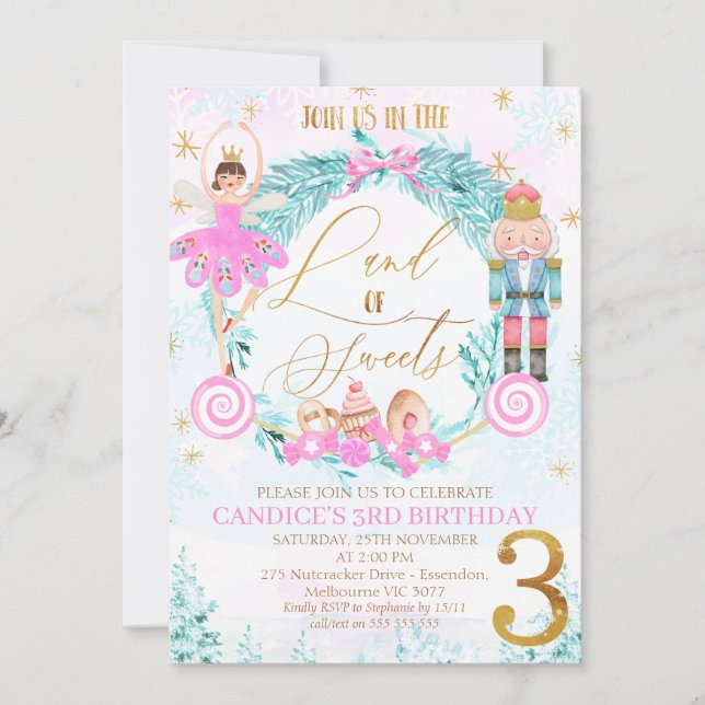 Wreath Nutcracker Land of Sweets 3rd Birthday Invitation (Front)