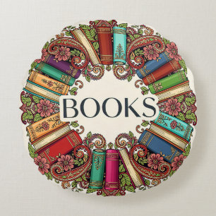 Wreath of Books Book Lovers Writers Bibliophiles Round Cushion