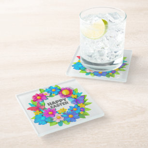 Wreath of Colourful Easter Flowers Glass Coaster