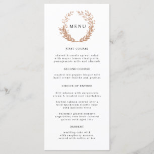 Wreath of golden branches with a monogram. Wedding Menu