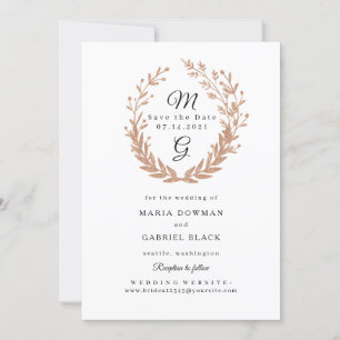 Wreath of golden foliage with a monogram. Wedding Save The Date