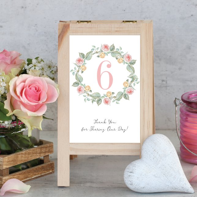 Wreath of Pink Yellow Roses Wedding Table Number (Creator Uploaded)