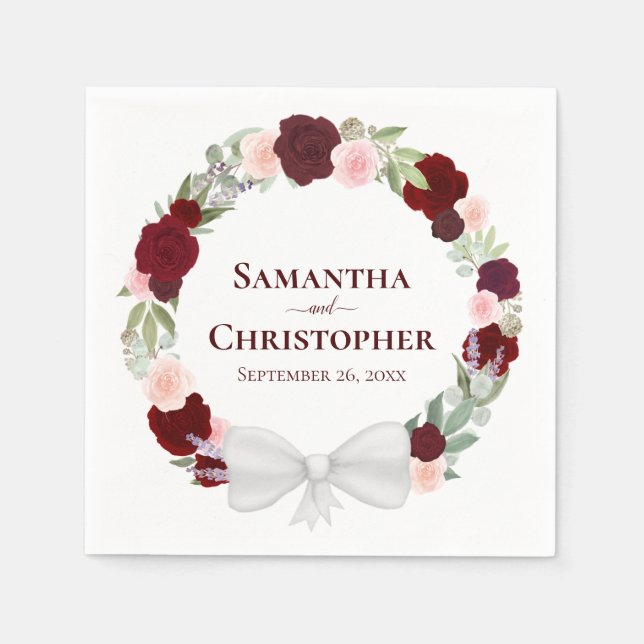 Wreath of Roses Burgundy Red & Pink Wedding Napkin (Front)