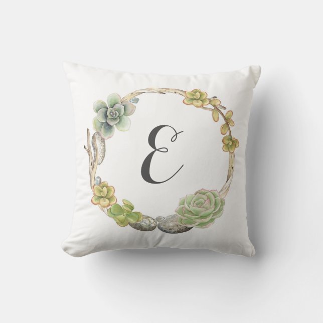 Wreath of Succulents, Twigs and Stones | Monogram Cushion (Front)