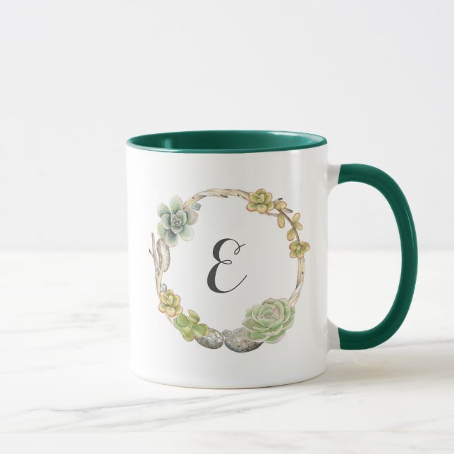 Wreath of Succulents, Twigs and Stones | Monogram Mug (Right)