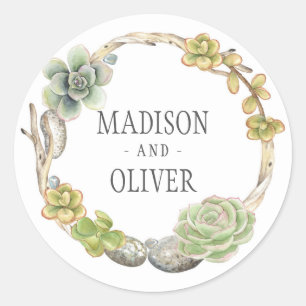 Wreath of Succulents, Twigs and Stones Wedding Classic Round Sticker