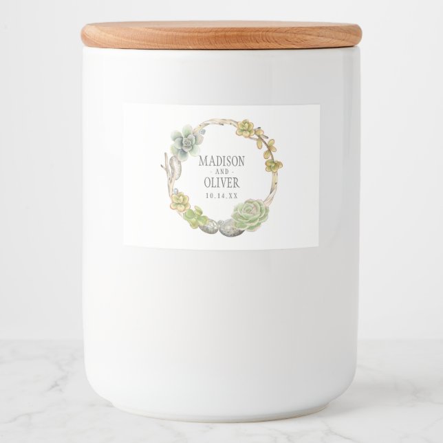 Wreath of Succulents, Twigs and Stones | Wedding Food Label (Front)