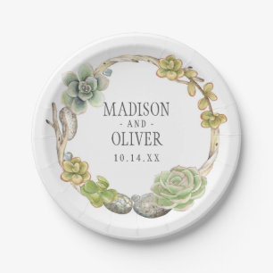Wreath of Succulents, Twigs and Stones Wedding Paper Plate