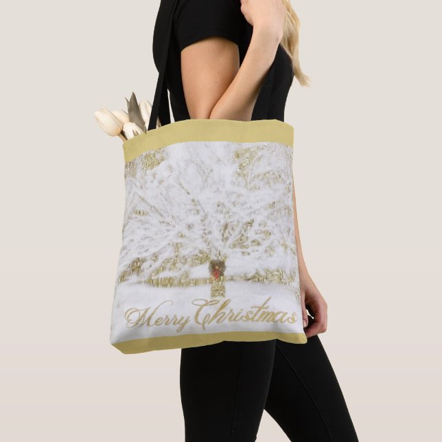 Wreath on Snow Tree Tote Bag (Close Up)