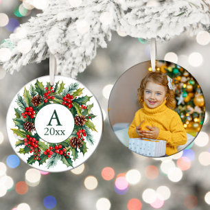 Wreath Pinecones Berries Photo Monogram Year  Ceramic Ornament
