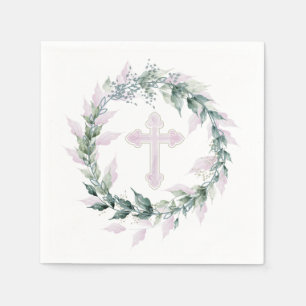 Wreath & Pink Cross Communion Baptism Christening Napkin