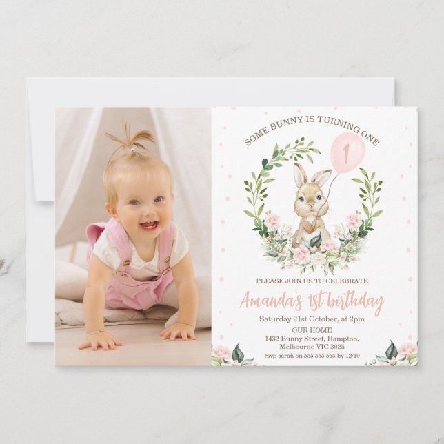 Wreath Pink Floral Photo Some Bunny 1st Birthday  Invitation (Front)