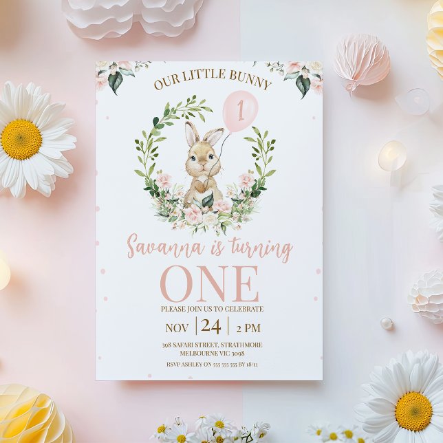 Wreath Pink Floral Rabbit Bunny 1st Birthday Invitation (Bunny Themed 1st Birthday Invitation, Floral Some Bunny Birthday Invitation, Girls Bunny Invitation )