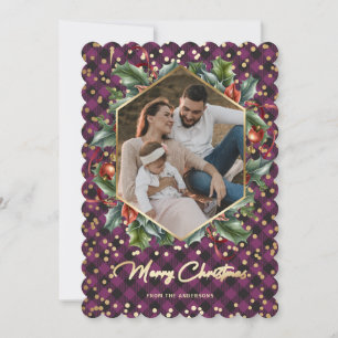 Wreath Purple Buffalo Plaid Photo Christmas Cards