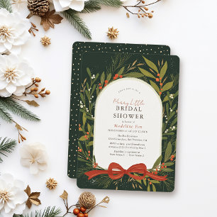 Wreath Red Bow Green Merry Little Bridal Shower Invitation