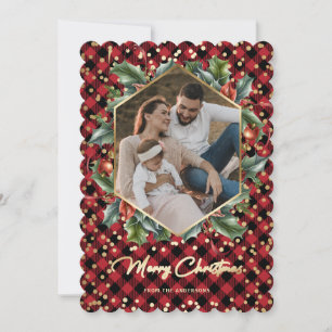 Wreath Red Buffalo Plaid Photo Christmas Cards