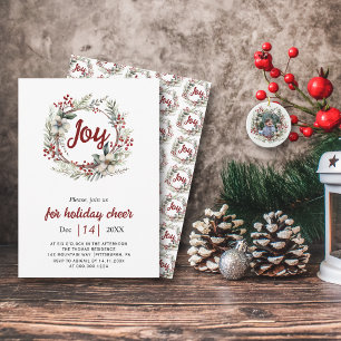 Wreath, red flowers, berries Joy Christmas party I Invitation