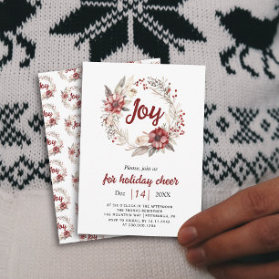 Wreath, red flowers, berries Joy Christmas party Invitation