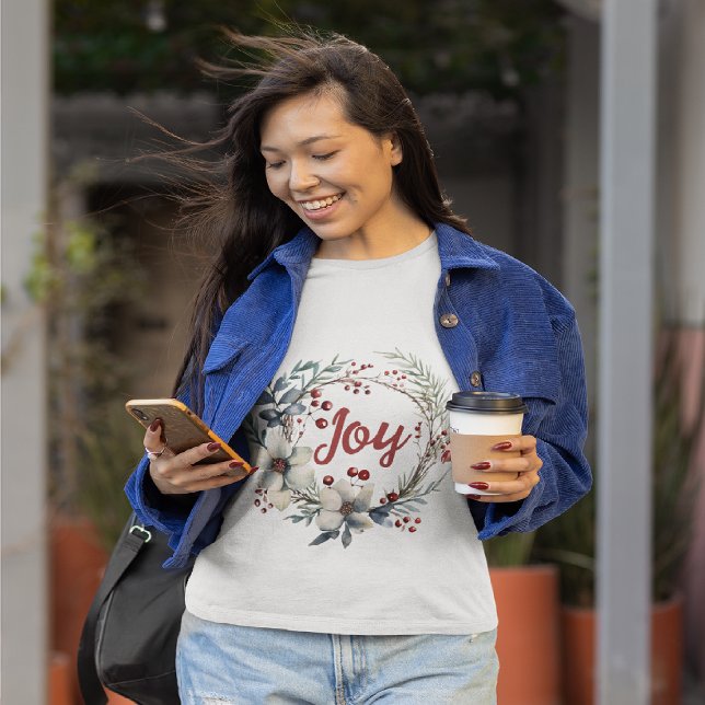 Wreath, red flowers, berries Joy Christmas T-Shirt (Creator Uploaded)